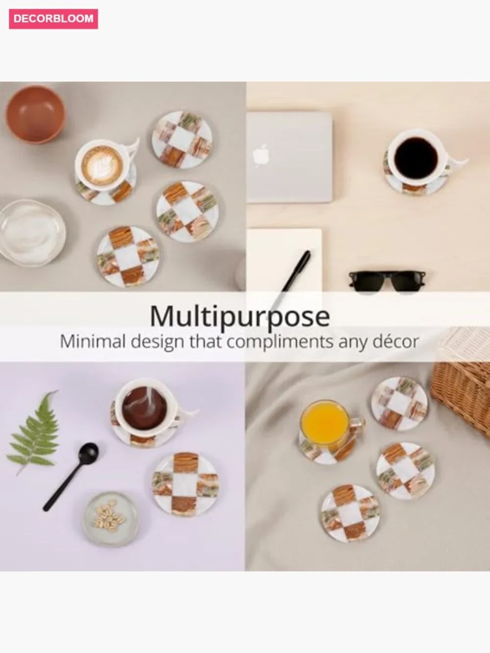 Set of 4 Handmade Marble Coasters, Round Stone Coaster for Dining Table
